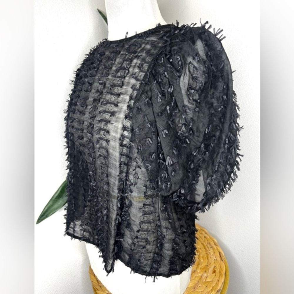 Zara top Black Eyelash Fringe Balloon Sleeve Blouse short sleeve women’s shirt